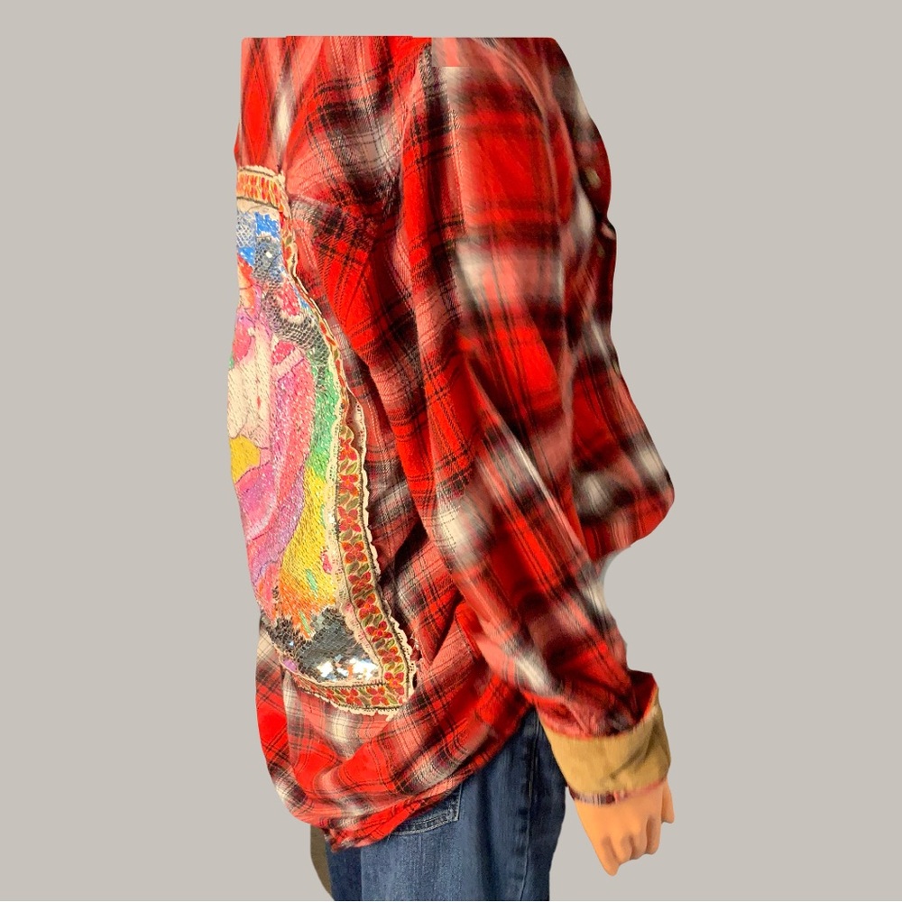 Upcycled Vibrant Red Plaid Unicorn Sequin Shirt - Picture 4 of 11